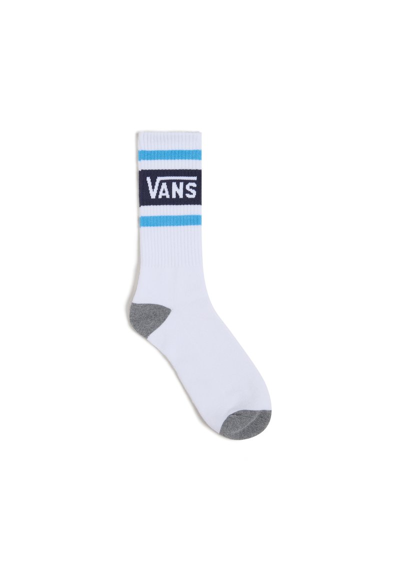 Calcetín blanco hasta el tobillo con rayas azules y navy, que presenta el logo "VANS" centrado en la parte superior. Acabados en gris en el talón y la punta. Textura acanalada.