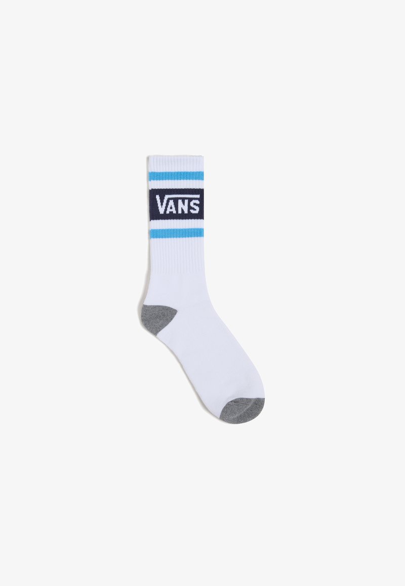 Calcetín blanco hasta el tobillo con rayas azules y navy, que presenta el logo "VANS" centrado en la parte superior. Acabados en gris en el talón y la punta. Textura acanalada.
