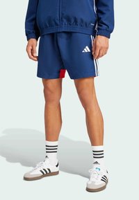 Pantalones cortos deportivos azules con acento rojo, detalle de tres rayas blancas, combinados con zapatos blancos con rayas negras y suelas de goma texturizadas.