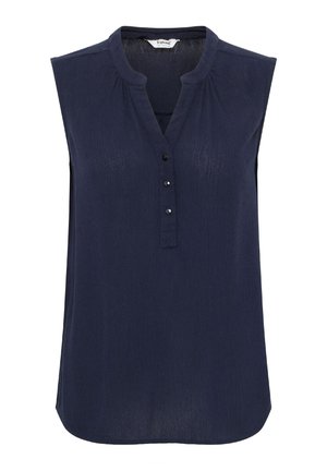 Navy blue sleeveless blouse made of lightweight fabric. Features a V-neck, three-button placket with black buttons, and pleated detailing.