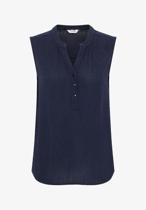 Mörkblå ärmlös blus i lätt tyg. Har en V-ringning, tre-knapps knäppning med svarta knappar och veckdetaljer.