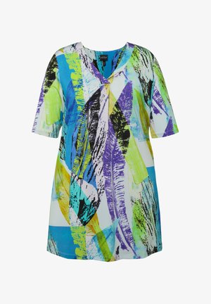 Túnica de mangas cortas con un vibrante estampado abstracto en verde, azul, púrpura y negro sobre un fondo blanco. Tejido suave, ajuste relajado.