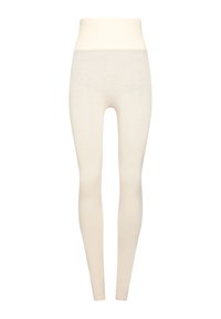 Leggings color crema con vita alta, texture liscia e design a lunghezze complete. Realizzati in un tessuto morbido ed elasticizzato per garantire comfort.