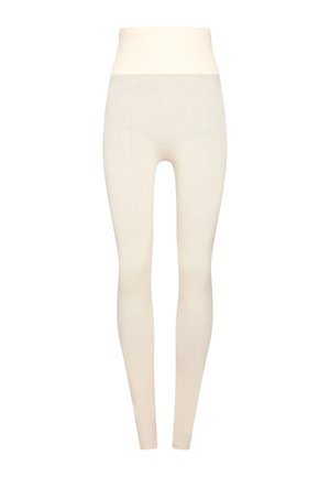 Crème-kleurige leggings hebben een hoge tailleband, een gladde textuur en een ontwerp dat tot de enkels reikt. Gemaakt van een zachte, rekbare stof voor optimaal comfort.
