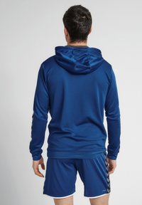 Blauwe sportieve hoodie van textuurstof, met lange mouwen en een capuchon. Gecombineerd met bijpassende shorts met zijstrepen in het zwart.