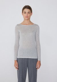 Langärmliges, hellgraues Oberteil aus einem durchsichtigen Strickstoff mit weitem, rundem Ausschnitt und taillierter Silhouette. Keine sichtbaren Muster oder Akzente.