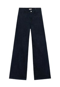 Vaqueros de pierna ancha en azul oscuro, fabricados en denim, con un diseño clásico de cinco bolsillos, cierre de botón y piernas rectas.