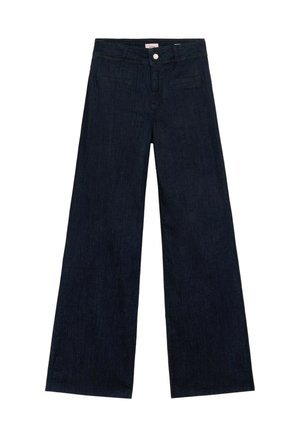 Dunkelblaue, weit geschnittene Jeans aus Denim, mit klassischem Fünf-Taschen-Design, Knopfverschluss und geraden Beinen.