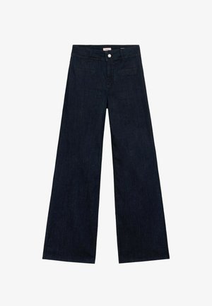 Vaqueros de pierna ancha en azul oscuro, fabricados en denim, con un diseño clásico de cinco bolsillos, cierre de botón y piernas rectas.