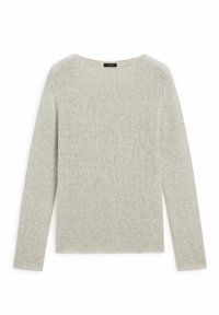 Pull en maille gris clair à manches longues avec un col rond et un tissu doux et texturé.