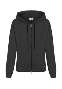 Sudadera negra con cremallera, hecha de una tela suave, que presenta una capucha con cordón, bolsillos frontales y puños acanalados. Diseño liso sin patrones.