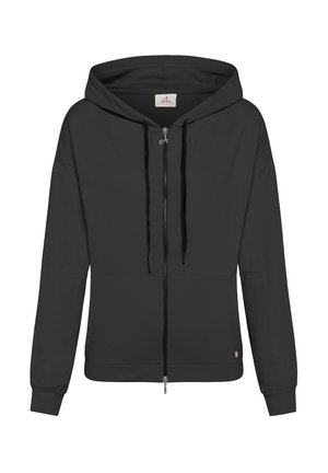 Felpa nera con zip realizzata in tessuto morbido, con cappuccio regolabile, tasche anteriori e polsini a costine. Design semplice senza motivi.