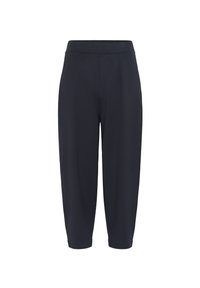 Pantaloni tapered blu navy con girovita elasticizzato, caratterizzati da pinces centrali, una texture liscia e un taglio alla caviglia.