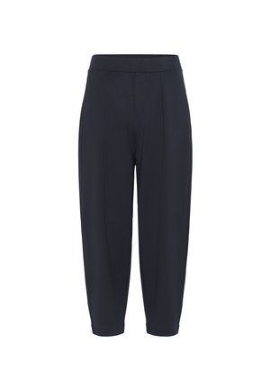 Pantalons bleu marine fuselés avec une taille élastique, dotés de plis centraux, d'une texture lisse et d'une coupe à la cheville.