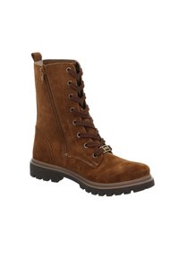 Brauner Wildleder-Stiefelette mit rundem Zehenbereich, Schnürung vorne, seitlichem Reißverschluss und robuster Gummisohle. Verfügt über Metallbeschläge.