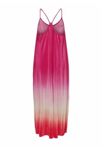 Abito lungo in una sfumatura di rosa a bianco, realizzato in tessuto leggero con una texture plissettata. Presenta spalline sottili e un design con schiena scoperta.