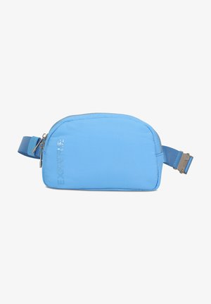 Blaues Stoffbeutel mit runder Form, Reißverschluss und verstellbarem Trageriemen. Verfügt über ein dezentes Logo in einem kontrastierenden Farbton.