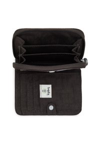 Portafoglio marrone scuro in canvas, con un compartimento con zip, diversi slot per schede e una chiusura a scatto con accessori in acciaio inox.