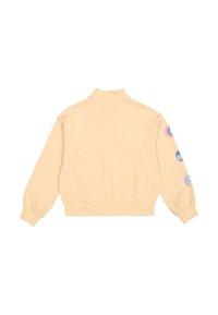 Hellgelbes Sweatshirt mit hohem Kragen, gerippten Bündchen und Saum. Mit bunten Druckdetails auf dem linken Ärmel. Weiche Textur.