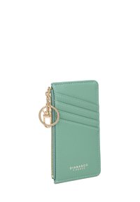 Portafoglio verde menta realizzato in pelle testurizzata, con zip dorata, portachiavi e numerosi scomparti per carte con finiture cucite.