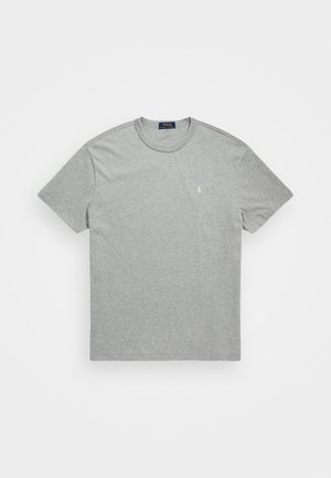 T-shirt à col rond gris clair à manches courtes avec un petit logo Polo Ralph Lauren blanc brodé sur la poitrine gauche.