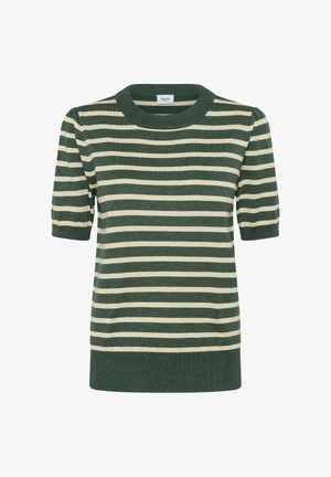 Prúhovaný krátky rukáv sveter v zelenej a krémovej farbe s okrúhlym výstrihom a pufovanými rukávmi. Vyrobené z mäkkej, textúrovanej tkaniny.