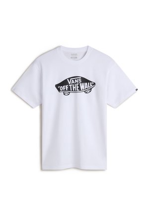 Valkoinen lyhythihainen t-paita, jossa musta Vans skeittilauta-logo ja "Off The Wall"-teksti edessä keskellä.