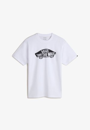 Valkoinen lyhythihainen t-paita, jossa musta Vans skeittilauta-logo ja "Off The Wall"-teksti edessä keskellä.