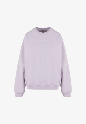 Light purple sweatshirt with ribbed cuffs and hem. Features a round neckline and a white embroidered logo on the chest. Soft fabric texture.