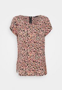 Hedvábná halenka s květinovým potiskem, krátké rukávy, černé pozadí a růžové, bílé a žluté květiny. Obsahuje zip na zadní straně a volný střih.