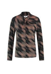 Langarmshirt in zwart met een abstract patroon in tinten van roest en beige. Heeft een gedraaide halslijn en een zachte, gestructureerde stof.