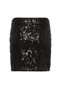 Fekete flitteres mini szoknya, testhez simuló fazonnal. A felületén átfedő csillogó flitterek találhatók, melyek texturált fényhatást eredményeznek.