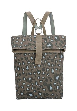 Zaino con stampa leopardata in marrone e azzurro chiaro, con un design a risvolto, dettagli in suede e spallacci regolabili. Tessuto di cotone testurizzato.