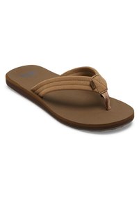 Brune flip-flops med en teksturert gummisåle, med dobbel stroppdesign laget av mykt materiale og en tåpost.
