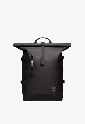 Sort rulletop rygsæk lavet af tekstureret vandtæt materiale. Har en sidelomme med lynlås med blå, orange og hvide accenter. Stærke stropper.