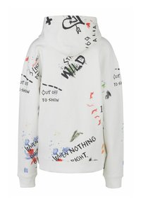 Witte hoodie met een assortiment aan kleurrijke spetterpatronen en tekst. Inclusief een capuchon en ribgebreide boorden en zoom.