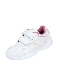 Zapatilla deportiva blanca con acentos rosas, correas de velcro, detalles perforados y suela texturizada. Parte superior de material sintético liso con forro de malla.