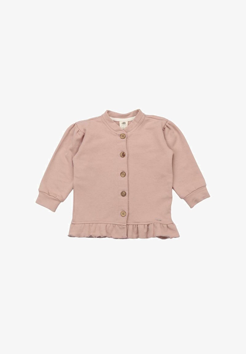 Light pink cotton jacket with long sleeves, button front, and a ruffled hem. Features puffed sleeves and wooden buttons.