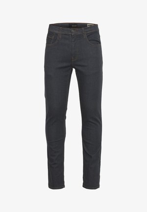 Dark blue denim jeans with a slim fit, featuring five pockets, a button and zipper closure, and contrast stitching. Smooth texture.