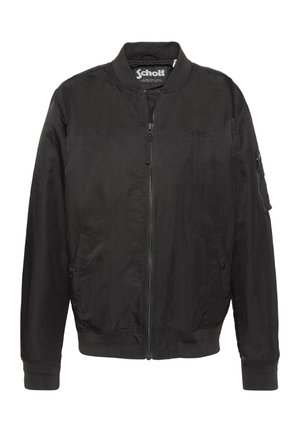 Sort bomberjakke med lynlås foran, to sidelommer, lynlåslomme på ærmet, ribbet krave, manchetter og kant samt mærket "Schott" på brystet.