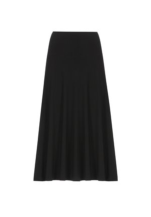 Gonna nera a vita alta, lunghezza alla caviglia, con silhouette a trapezio e tessuto liscio e fluido.