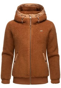 Giacca in pile marrone con zip frontale, tessuto testurizzato, due tasche laterali con dettagli in beige e cappuccio foderato. Polsini e orlo a coste.