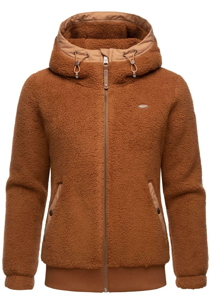 Giacca in pile marrone con zip frontale, tessuto testurizzato, due tasche laterali con dettagli in beige e cappuccio foderato. Polsini e orlo a coste.
