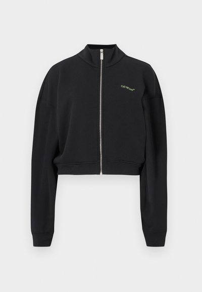 Sweat-shirt noir court zippé avec col montant, manches longues, et logo vert "Off-White" sur la poitrine gauche. Texture de tissu lisse.