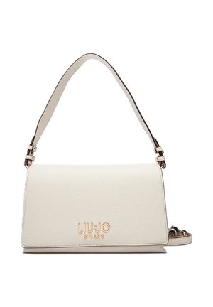 Beige rechteckige Lederschultertasche mit goldenem "Liu Jo Milano" Logo und verstellbarem Riemen.