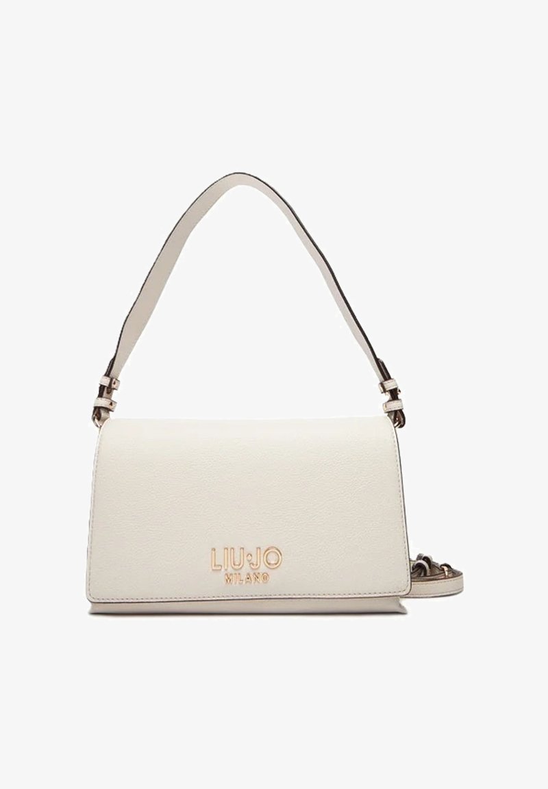 Sac à bandoulière rectangulaire en cuir beige avec logo doré "Liu Jo Milano" et bandoulière réglable.