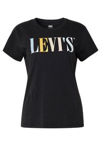 Camiseta de algodón negra con un gráfico frontal que presenta "LEVI'S" en colores pastel, mangas cortas y cuello redondo.