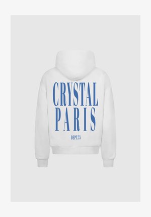 Felpa bianca con grandi scritte blu "CRYSTAL PARIS" e "DEPT.75" sul retro. Progettata con cappuccio regolabile e polsini a coste.