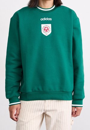 Personne portant un sweat-shirt vert Adidas avec des manches rayées blanc et vert, le logo Adidas et un emblème rouge d'un club de football sur la poitrine.