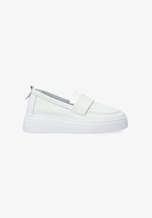 White slip-on shoes with a smooth leather upper, elastic band, and textured rubber sole. Features a pull tab at the heel for easy wear.